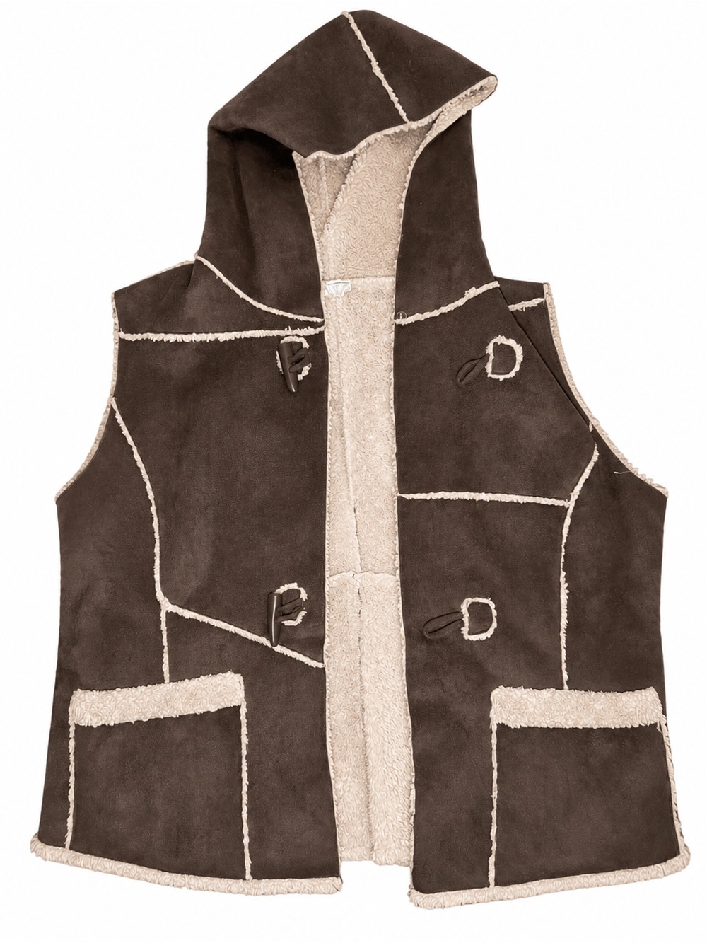 Brown Faux Shearling Hooded Vest Toggle Front Y2K Boho